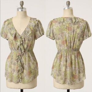 Anthropologie Silk Wind Tossed Wildflowers Ruffle Blouse  Women’s Size 8